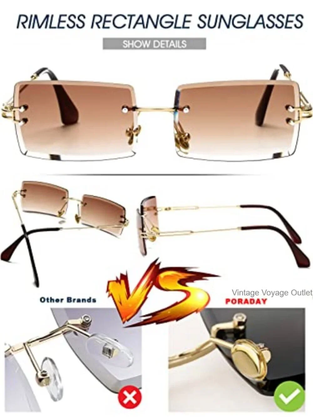 Vintage Rimless Rectangle Sunglasses Unisex UV400 Protection